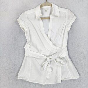 Banana Republic Shirt Womens 0 White Short Sleeve Wrap Tie Waist Stretch Top